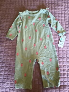 Classic Baby One-Piece Bodysuit in Light Blue with Pink Strawberry Print
